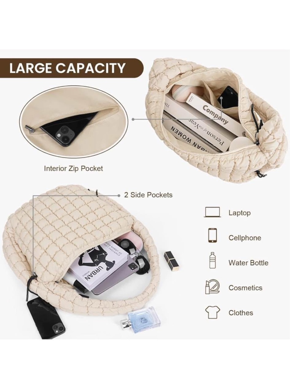 Quilted Cream Women's Tote Bag - Large Capacity Shoulder/Hobo bag